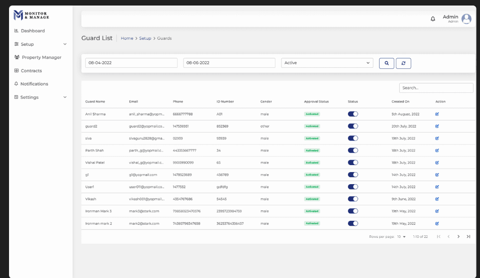 M&M web management portal — guard list
